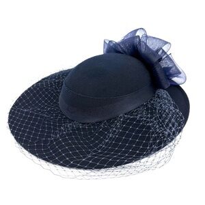 Sonni San Francisco 100% Wool Felt Elegant Navy Blue Women's Hat with Veil